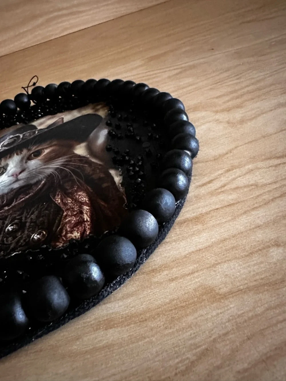 Hand Crafted Black Beaded Framed Cat Portrait